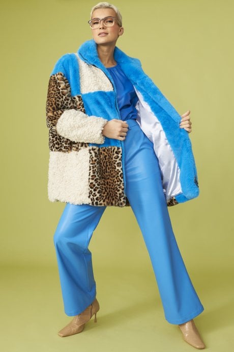 JAYLEY Midi Checkered Leopard Print And Shearling Faux Fur Coat