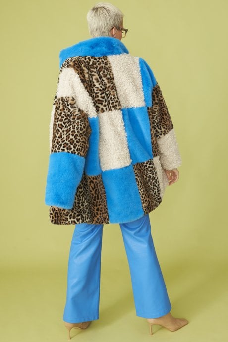 JAYLEY Midi Checkered Leopard Print And Shearling Faux Fur Coat