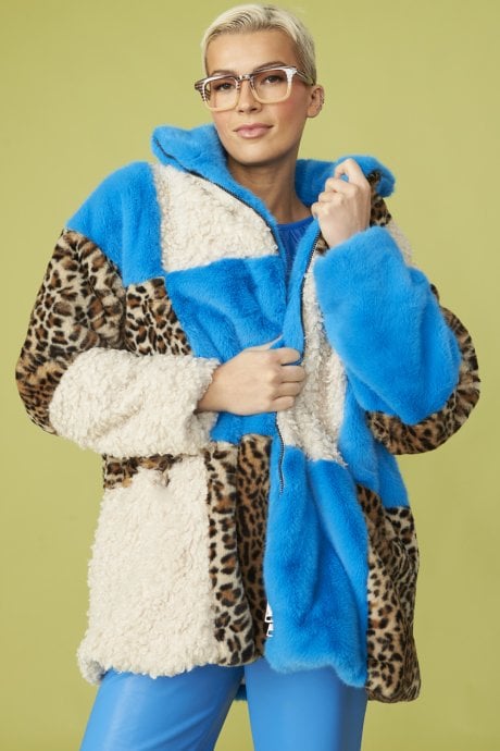 JAYLEY Midi Checkered Leopard Print And Shearling Faux Fur Coat