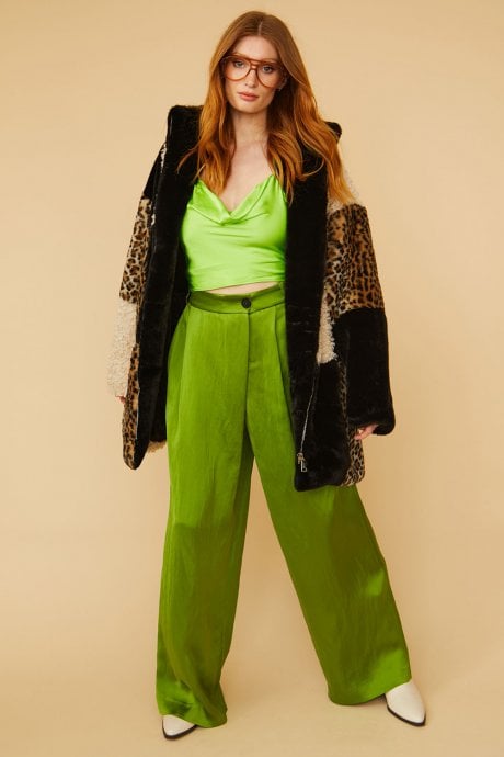 JAYLEY Midi Checkered Leopard Print And Shearling Faux Fur Coat