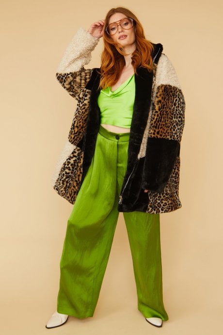 JAYLEY Midi Checkered Leopard Print And Shearling Faux Fur Coat