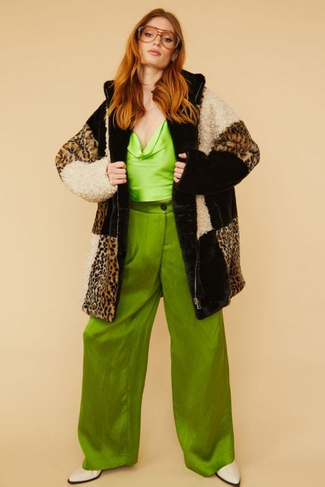 JAYLEY Midi Checkered Leopard Print And Shearling Faux Fur Coat