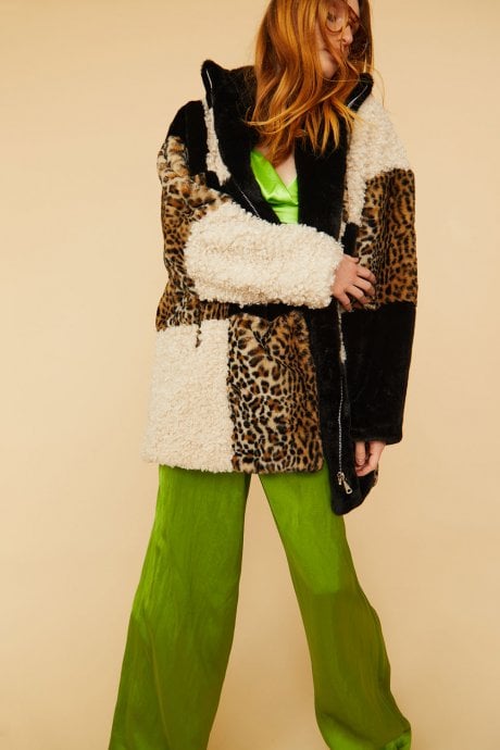 JAYLEY Midi Checkered Leopard Print and Shearling Faux Fur Coat