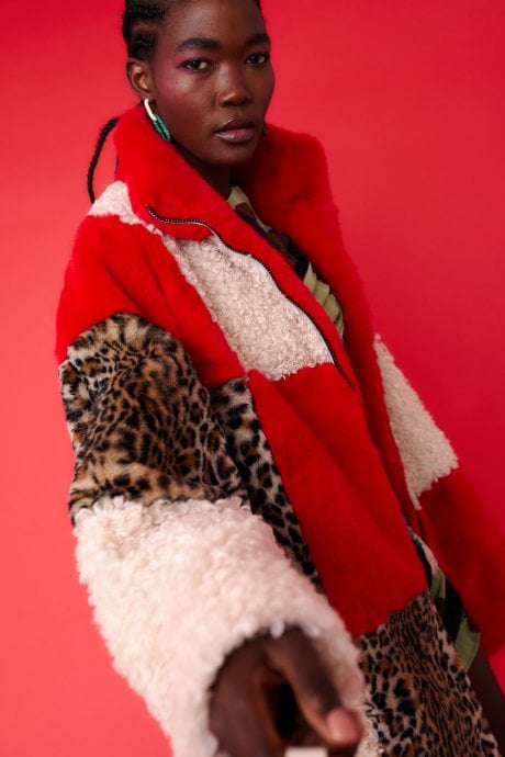 JAYLEY Midi Checkered Leopard Print And Shearling Faux Fur Coat
