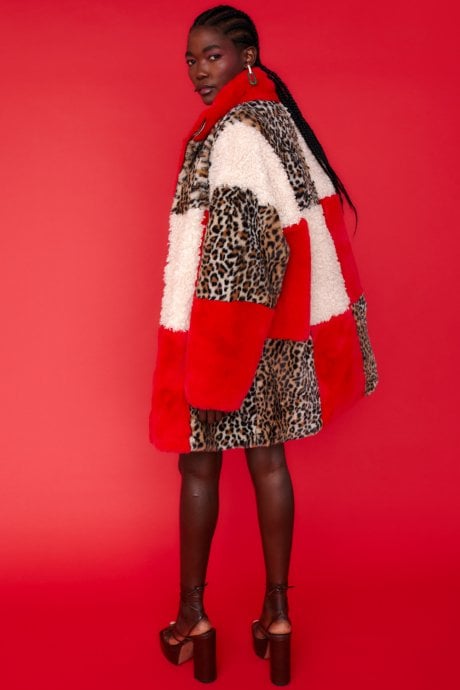 JAYLEY Midi Checkered Leopard Print And Shearling Faux Fur Coat