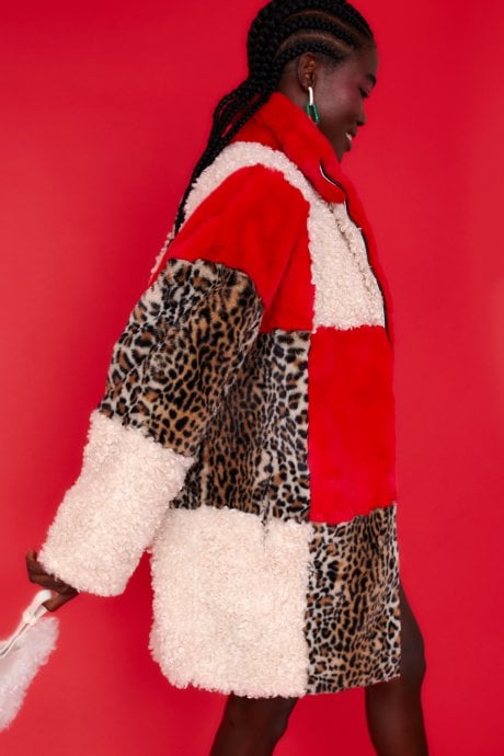 JAYLEY Midi Checkered Leopard Print And Shearling Faux Fur Coat