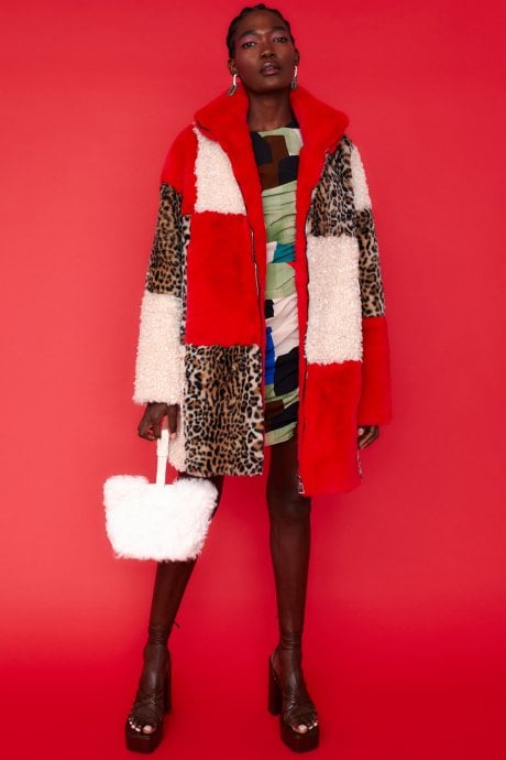 JAYLEY Midi Checkered Leopard Print and Shearling Faux Fur Coat
