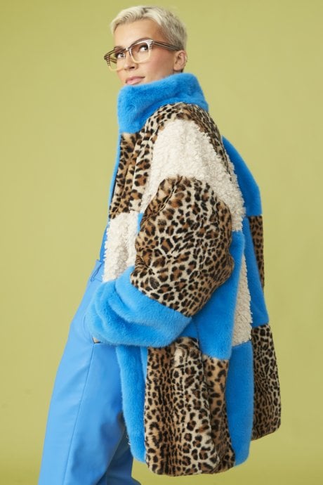JAYLEY Midi Checkered Leopard Print and Shearling Faux Fur Coat