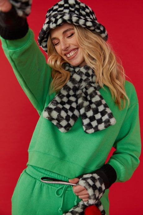 JAYLEY Mint And Black Checkered Luxury Faux Fur Bag