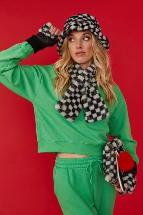 JAYLEY Mint And Black Checkered Luxury Faux Fur Bag