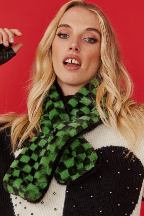 JAYLEY Mint And Black Checkered Print Multi-way Faux Fur Scarf