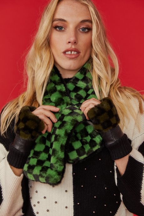 JAYLEY Mint And Black Checkered Print Multi-way Faux Fur Scarf