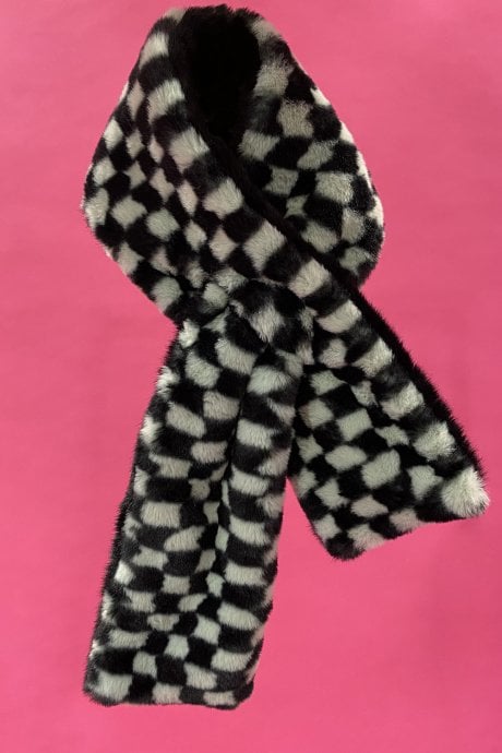 JAYLEY Mint and Black Checkered Print Multi-way Faux Fur Scarf