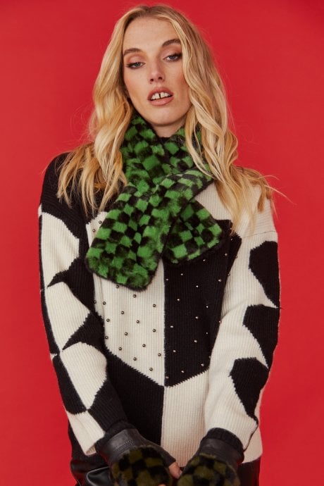 JAYLEY Mint and Black Checkered Print Multi-way Faux Fur Scarf