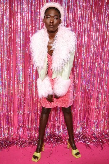 JAYLEY Mint And Pink Faux Leather Biker Jacket With Mongolian Fur Cuffs And Collar