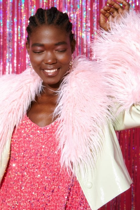 JAYLEY Mint And Pink Faux Leather Biker Jacket With Mongolian Fur Cuffs And Collar