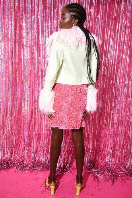 JAYLEY Mint And Pink Faux Leather Biker Jacket With Mongolian Fur Cuffs And Collar