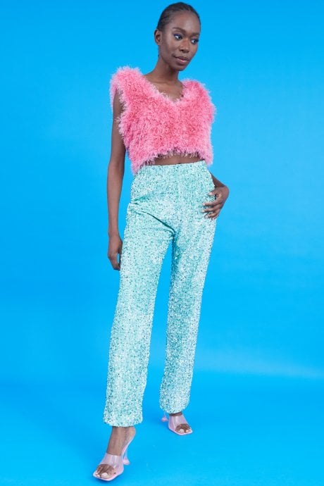 JAYLEY Mint Sequin Trousers With Elasticated Waste