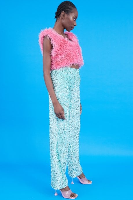 JAYLEY Mint Sequin Trousers With Elasticated Waste