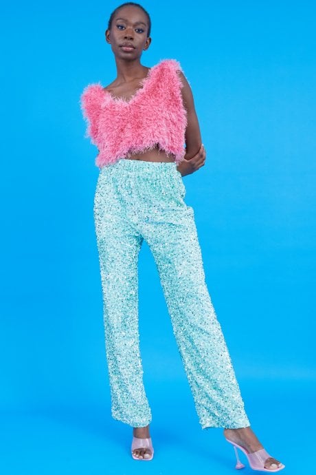 JAYLEY Mint Sequin Trousers with Elasticated Waste