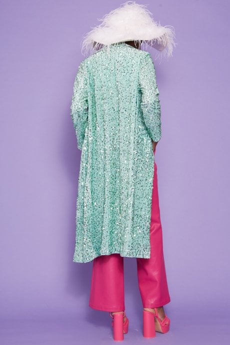 JAYLEY Mint Sequin Velvet Trench Coat