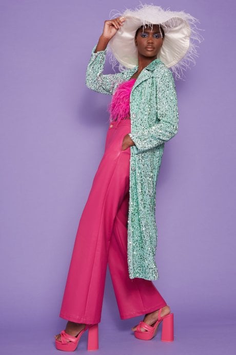 JAYLEY Mint Sequin Velvet Trench Coat