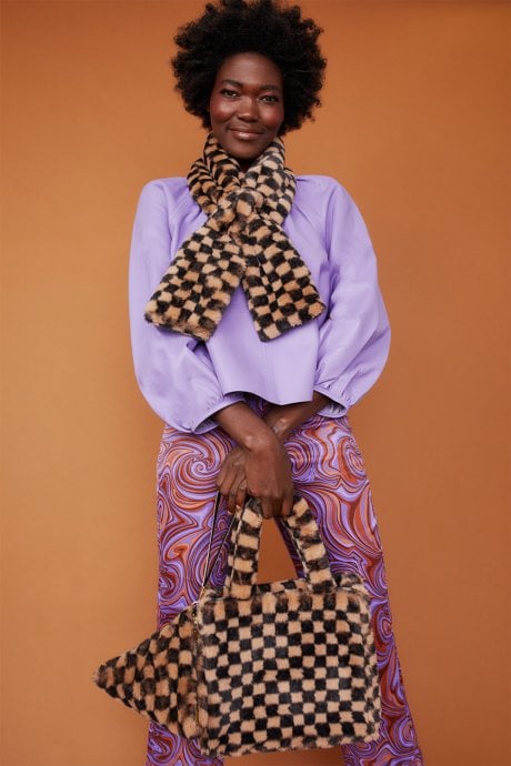 JAYLEY Mocha and Black Checkered Faux fur Scarf with Bow Detail Fastening