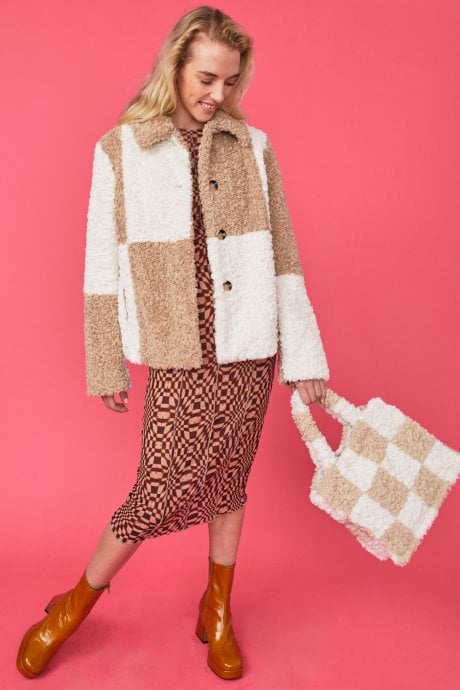JAYLEY Mocha And Cream Faux Shearling Checkered Oversized Coat