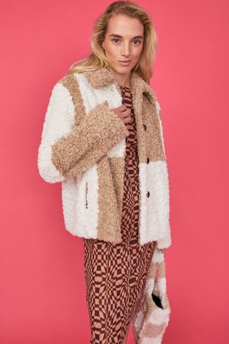 JAYLEY Mocha And Cream Faux Shearling Checkered Oversized Coat