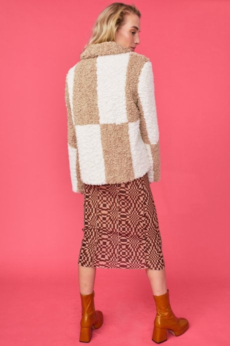 JAYLEY Mocha And Cream Faux Shearling Checkered Oversized Coat