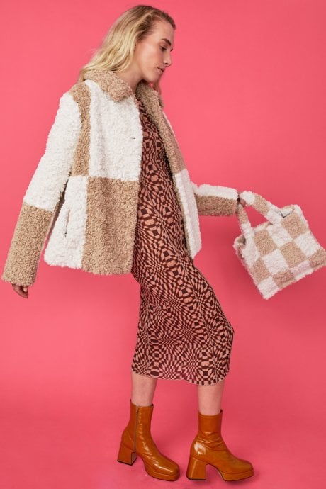 JAYLEY Mocha and Cream Faux Shearling Checkered Oversized Coat
