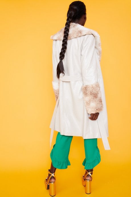 JAYLEY Mocha And Cream Faux Suede Aurora Coat With Faux Shearling Cuff & Collar