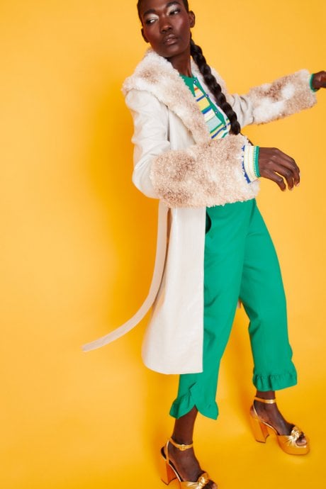 JAYLEY Mocha and Cream Faux Suede Aurora Coat with Faux Shearling Cuff & Collar