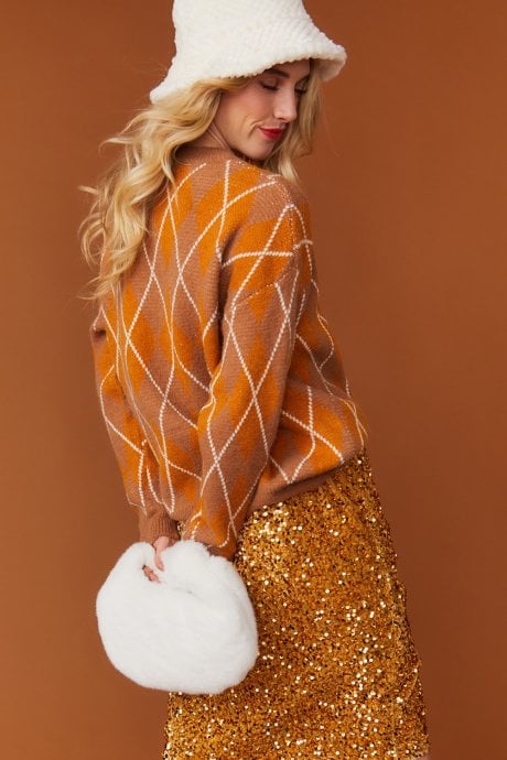 JAYLEY Mocha And Gold Argyle Jumper