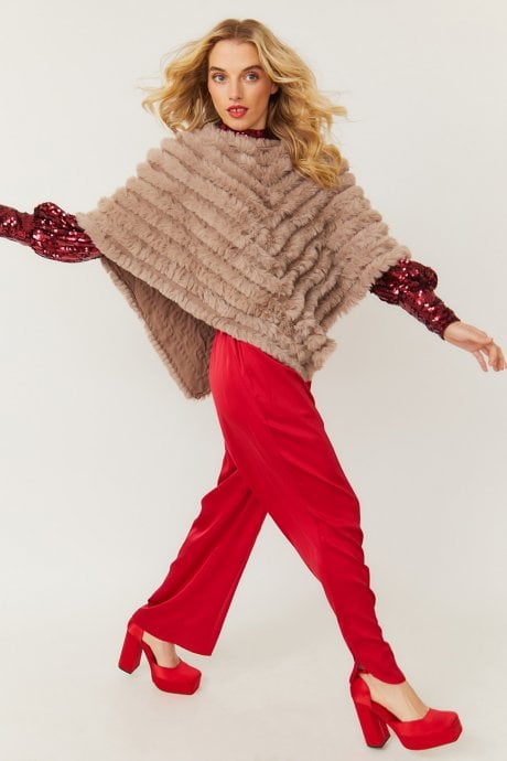 JAYLEY Mocha Cashmere Blend Faux Fur Poncho