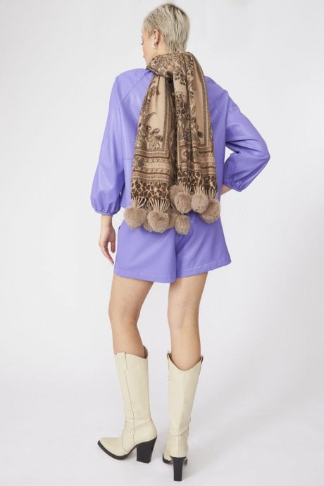 JAYLEY Mocha Cashmere Blend Wrap With Faux Fur Poms