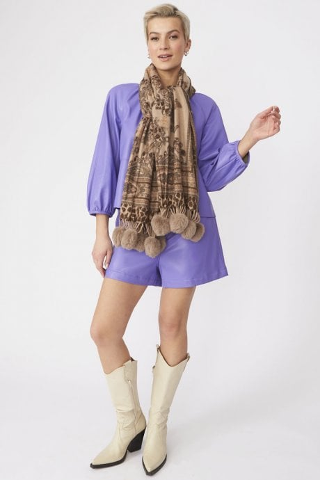 JAYLEY Mocha Cashmere Blend Wrap With Faux Fur Poms