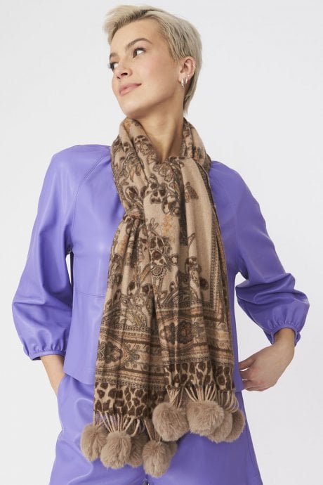 JAYLEY Mocha Cashmere Blend Wrap with Faux Fur Poms