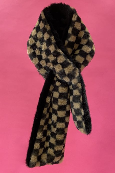 JAYLEY Mocha Checkered Print Multi-way Faux Fur Scarf