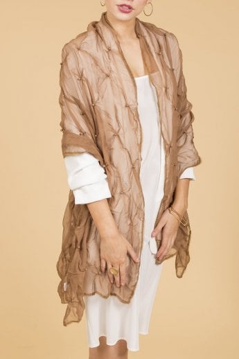 JAYLEY Mocha Chiffon Silk Scarf With Pearls