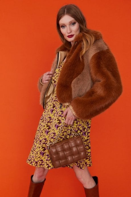 JAYLEY Mocha Eco Leather Cross Woven Clutch Bag with Gold Chain