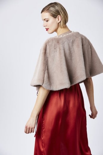 JAYLEY Mocha Faux Fur Cape With Pearl Detail