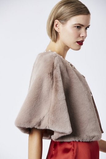 JAYLEY Mocha Faux Fur Cape With Pearl Detail