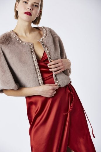 JAYLEY Mocha Faux Fur Cape With Pearl Detail