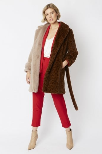 JAYLEY Mocha Faux Fur Coat With Tie Waist