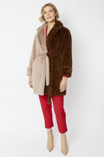 JAYLEY Mocha Faux Fur Coat With Tie Waist