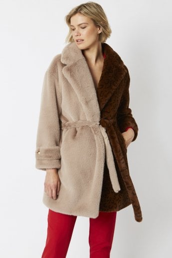 JAYLEY Mocha Faux Fur Coat with Tie Waist