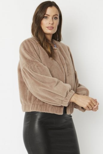 JAYLEY Mocha Faux Fur Cropped Jacket With Puff Sleeves