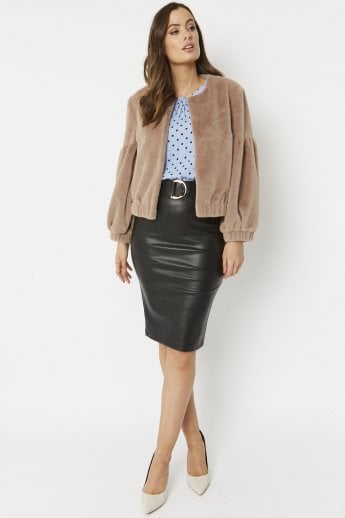 JAYLEY Mocha Faux Fur Cropped Jacket With Puff Sleeves