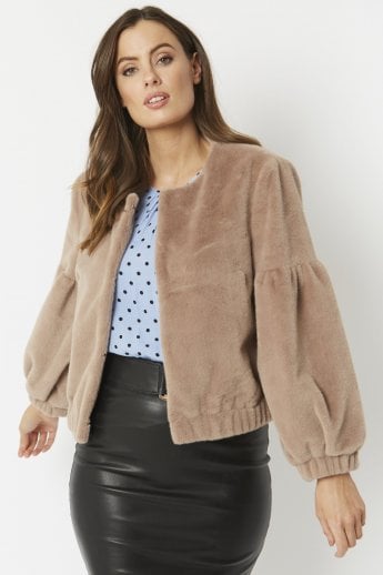 JAYLEY Mocha Faux Fur Cropped Jacket with Puff Sleeves